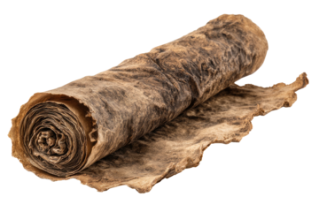 Mottled roll of papyrus-like aged material, dark brown hues