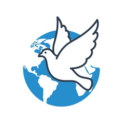 White dove flying over blue planet earth globe icon symbolizes peace and freedom isolated on white background, Vector