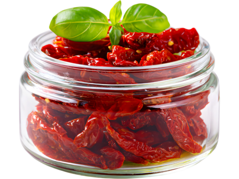 Transparent jar filled with dried tomatoes in oil isolated on transparent background, symbolizing Mediterranean cuisine. - Powered by Adobe