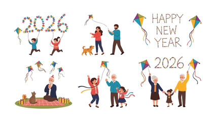 Kite Flying Family Celebration: Celebrating new year with the family, children and grandparent joyfully fly colorful kites, with the figures 2026 displayed.