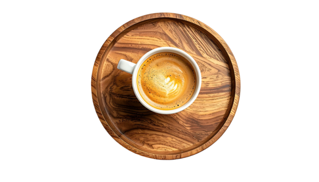 Latte art atop wood tray, centered