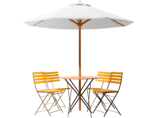 Wooden outdoor cafe table with chairs and umbrella isolated on transparent background, perfect for summer design concepts.