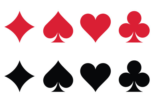 Classic Playing Card Symbols Vector Illustration – Red and Black Suits Design for Casino Games, Poker Graphics, Vintage Card Art, Gambling Theme, and Digital Entertainment Concepts