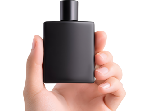 Female hand holding black matte perfume bottle isolated on transparent background, symbolizing elegance and sophistication.