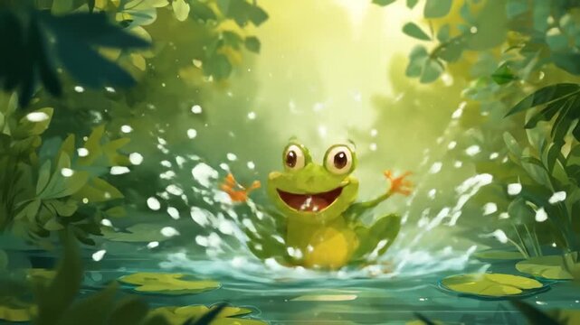 Cheerful green frog leaps over a sunlit pond amid lush leaves and lily pads, bathed in golden light
