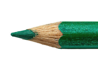 Green pencil point, close-up, sharp tip on black background
