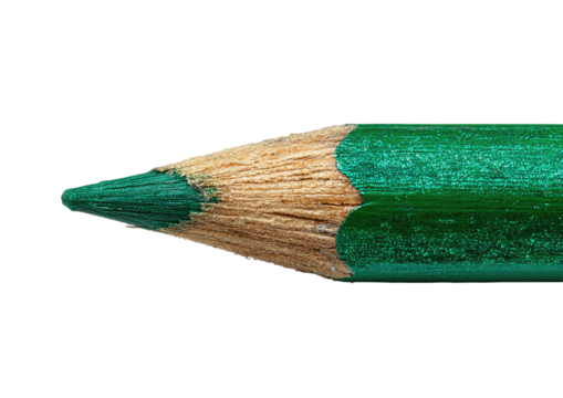 Green pencil point, close-up, sharp tip on black background