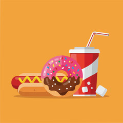 Assorted donuts hot dog and soda collection.