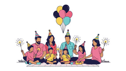Family Celebration with Balloons: A family gathers for a joyous celebration, adorned in festive hats, waving sparklers, and surrounded by colorful balloons.