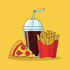 Assorted fast food trio with pizza fries and soda.