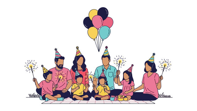 Family Celebration with Balloons: A family gathers for a joyous celebration, adorned in festive hats, waving sparklers, and surrounded by colorful balloons.