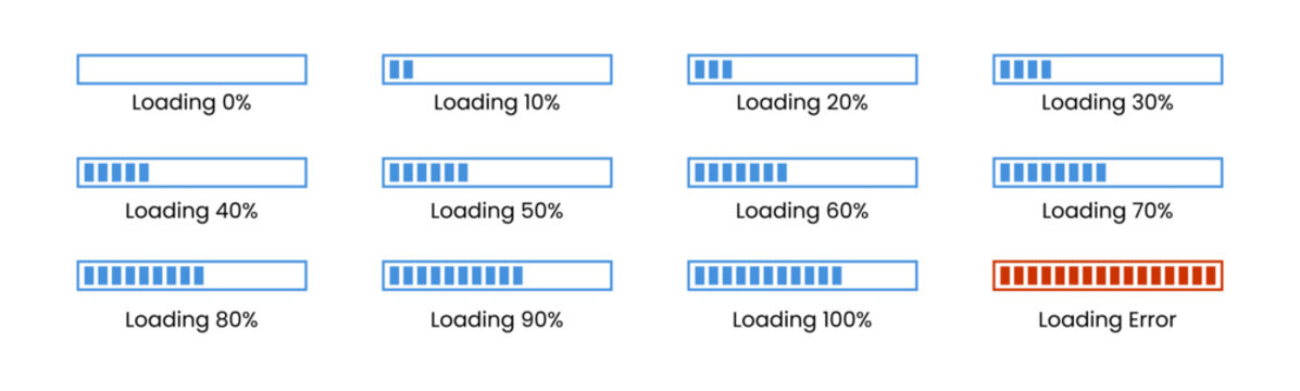 Percentage loading bar infographic icon set 0-100% in blue colour. set of percentage loading bar 10%, 20%, 70, 90%, 100% in blue color