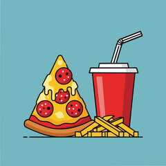 Cartoon pizza slice with fries and soda.