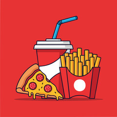 Delicious fast food trio with pizza fries and soda.