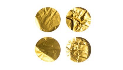 Four crinkled gold circles on a solid black background