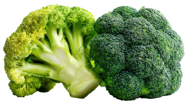 Two broccoli florets, one cut, against a black background