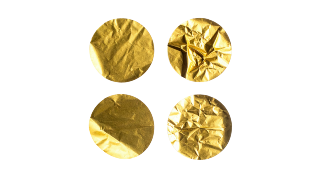 Four crinkled gold circles on a solid black background