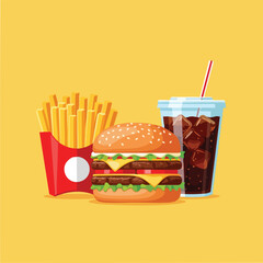 Delicious hamburger with cheese lettuce and tomato with fries and a soft drink.