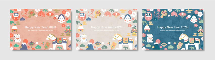 馬の干支と縁起物をあしらった2026年横型年賀状デザイン