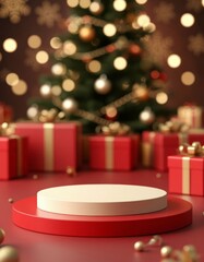 Red and beige podium for product card display on a minimalist stage, set before a blurred christmas tree bokeh lights and red gifts festive holiday marketing mockups copy space marketplace background