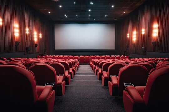 Empty movie theater auditorium.  Rows of red seats face a large blank screen.  Warm lighting illuminates the space.  Wooden wall panels