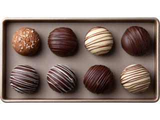 Top view of assorted round chocolate truffles in a box isolated on transparent background, symbolizing luxury and indulgence.