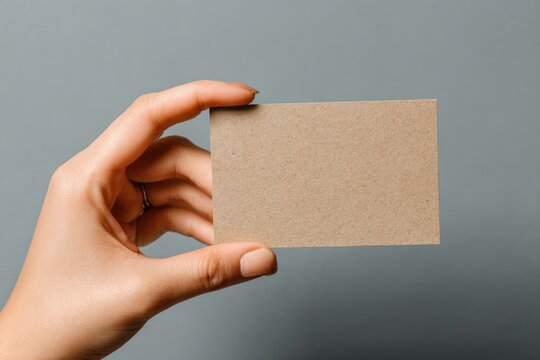 A hand holds a blank, light brown card against a muted gray background - Powered by Adobe