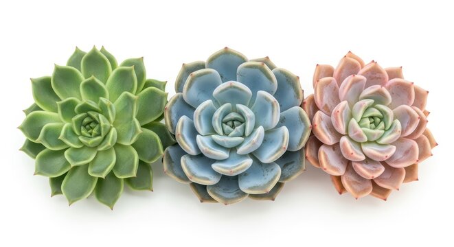 Colorful succulent trio displaying green blue pink rosette shapes on white background
