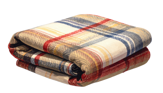 Folded, colorful plaid blanket stack