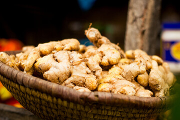 A close-up of a basket filled with Garlic