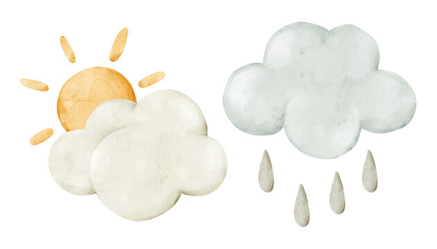The sun behind cloud and rain cloud. Watercolor isolated weather clipart. Set of meteorology and climate elements for kids lessons, preschool posters, worksheets, and playful seasonal baby designs.