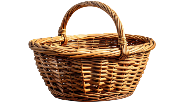 Empty, woven wicker basket with arched handle