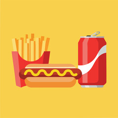 Fast food trio with hotdog fries soda.