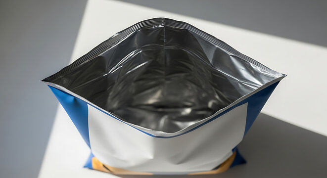 Empty crisp bag with silver inner lining showing a snack time reminder