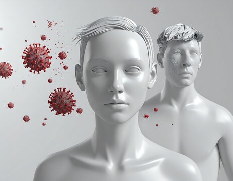 Graphic rendering of human figures with floating, viral particles
