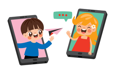 Cartoon Kid Communicate With Smartphone