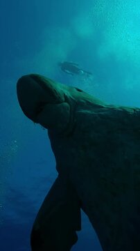 Vertical footage, Portrait of Sea Cow swimming upward from sea bottom and swims in turquoise water to the surface, Slow motion of Sea Cow, Dugong dugon