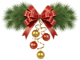 Red Christmas bow with green fir branches and four festive baubles isolated on transparent background