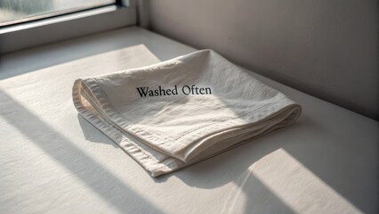 A folded white linen napkin displaying the words Washed Often