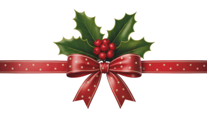 Red Christmas ribbon bow with white polka dots and holly berries isolated on transparent background