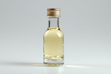 Small glass bottle of pale yellow liquid, capped with gold