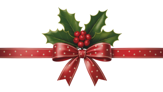 Red Christmas ribbon bow with white polka dots and holly berries isolated on transparent background - Powered by Adobe