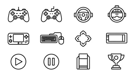 Gaming Icons Set - Controller, Steering Wheel, VR Headset, Keyboard, Trophy, Play Button, Pause Button.