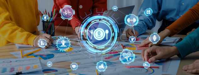 Healthy lifestyle icons show exercise, healthy lifestyle diet, and wellness routine. Healthy...