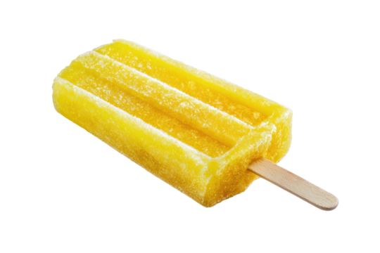 Icy yellow popsicle, wooden stick, ribbed texture, isolated