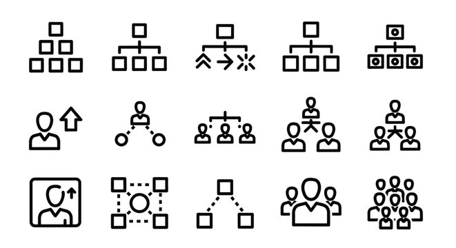 Set of fifteen minimalist black outline icons illustrating organizational structure, team hierarchy, and business management concepts, featuring connected boxes