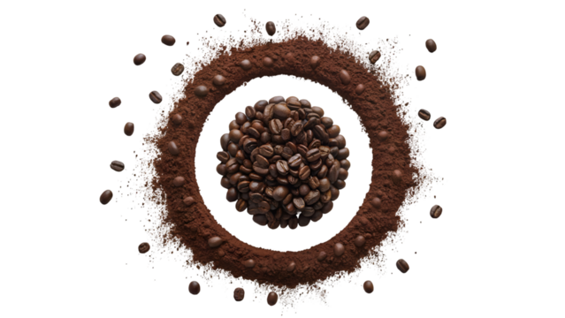 Roasted coffee beans and ground coffee powder forming concentric circles isolated on transparent background