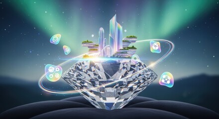 Futuristic Diamond Cityscape with Aurora Borealis and Floating Elements.