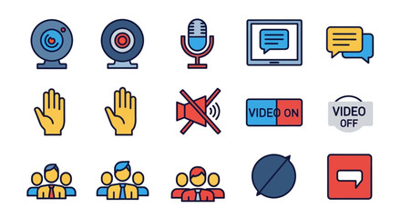 A colorful set of filled outline icons for video conferencing and online meetings, including webcam, microphone, chat, and mute symbols.