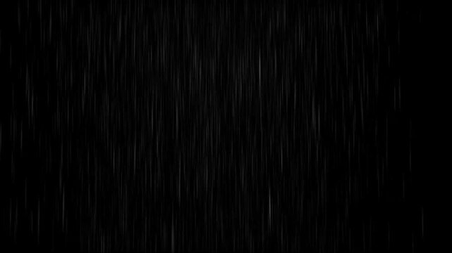 Realistic falling rain on black background, heavy rainfall storm effect, natural weather element overlay for visual effects and compositing